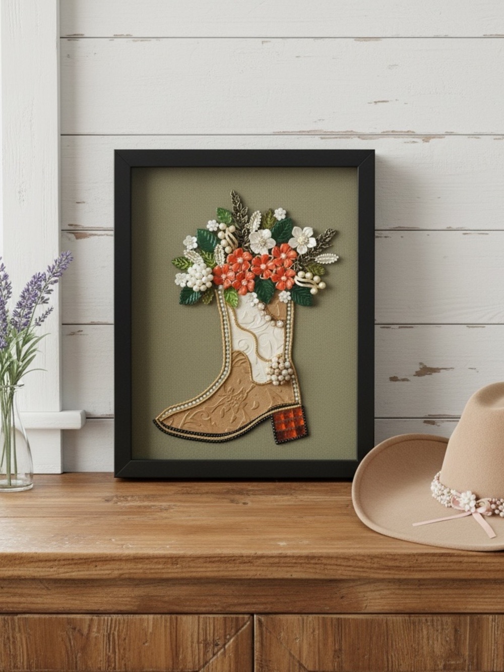 Framed Floral Cowboy Boot Wall Art - Green Background